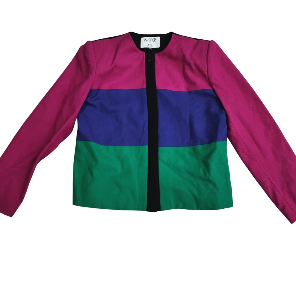 Kasper for ASL Vintage 100% Wool Colorblock Blazer Magenta Blue Green Size 12